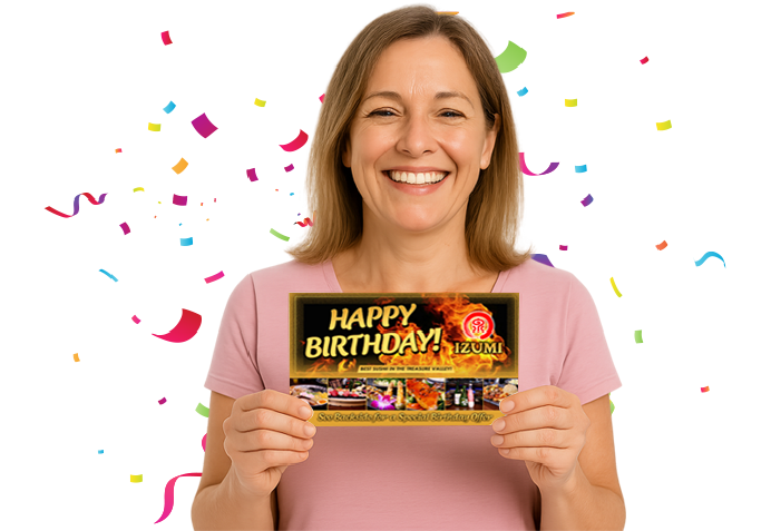 Happy woman with Our Town America birthday postcard