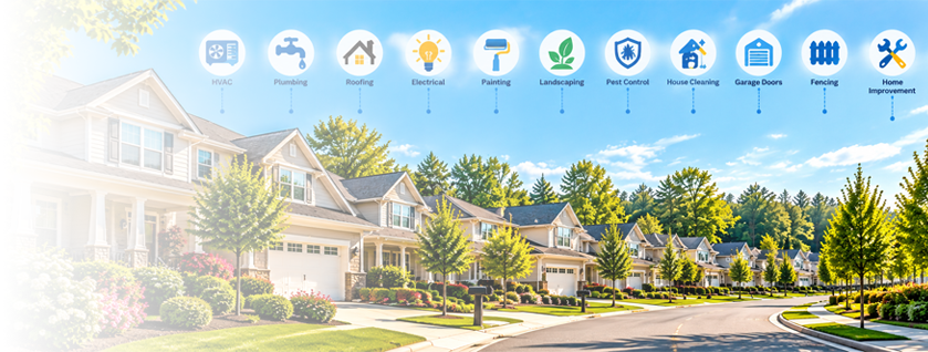 Neighborhood of new homes with icons for HVAC, plumbing, roofing, landscaping and other home services