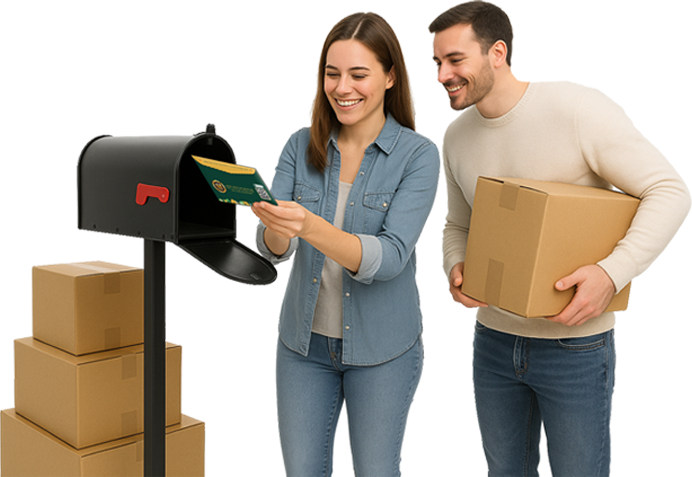 New mover opening mailbox and receiving welcome envelope