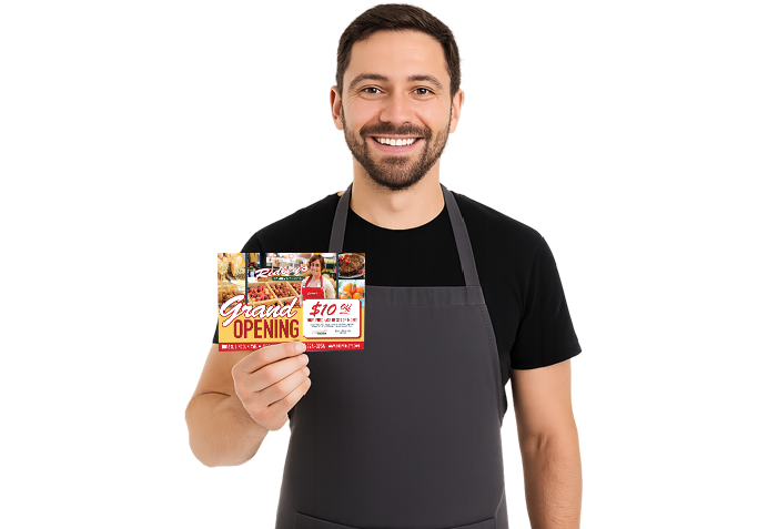 Local business owner showcasing targeted marketing postcard