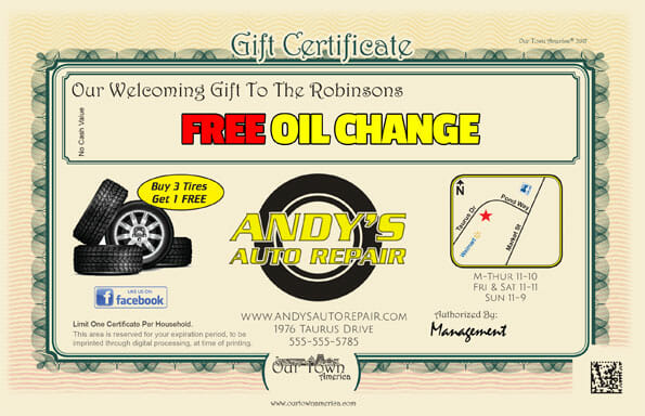 Welcome gift certificate example for the automotive industry