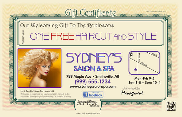 Barber shop and beauty salon welcome gift certificate. One free haircut and style!