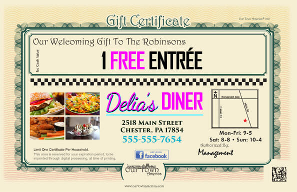 A sample gift certificate for restaurants