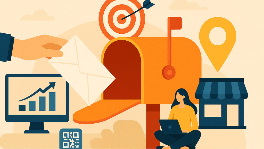 Illustration of a mailbox with marketing icons, including a direct mail, a target, storefront, graph, QR code, and a woman using a laptop