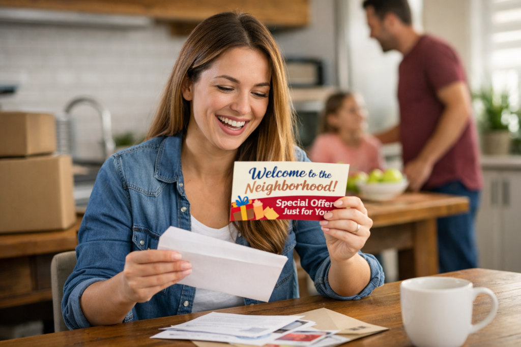 Customer opening a welcome offer from a local business