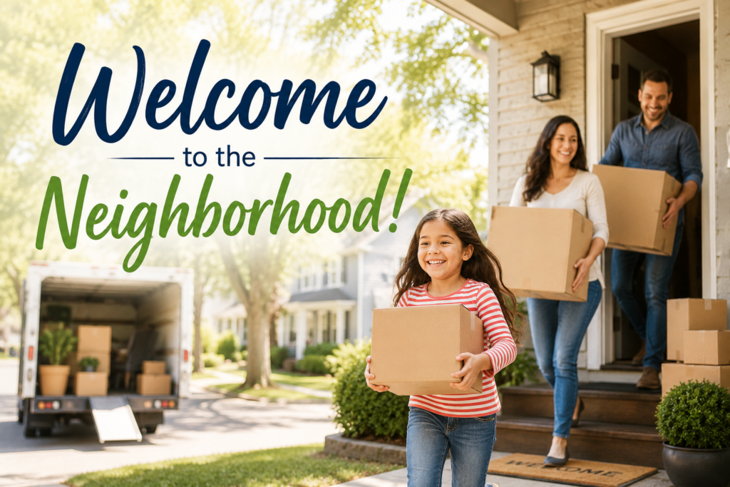 Family moving into their new home in a suburban neighborhood with a Welcome to the Neighborhood headline, illustrating new mover marketing for local businesses.
