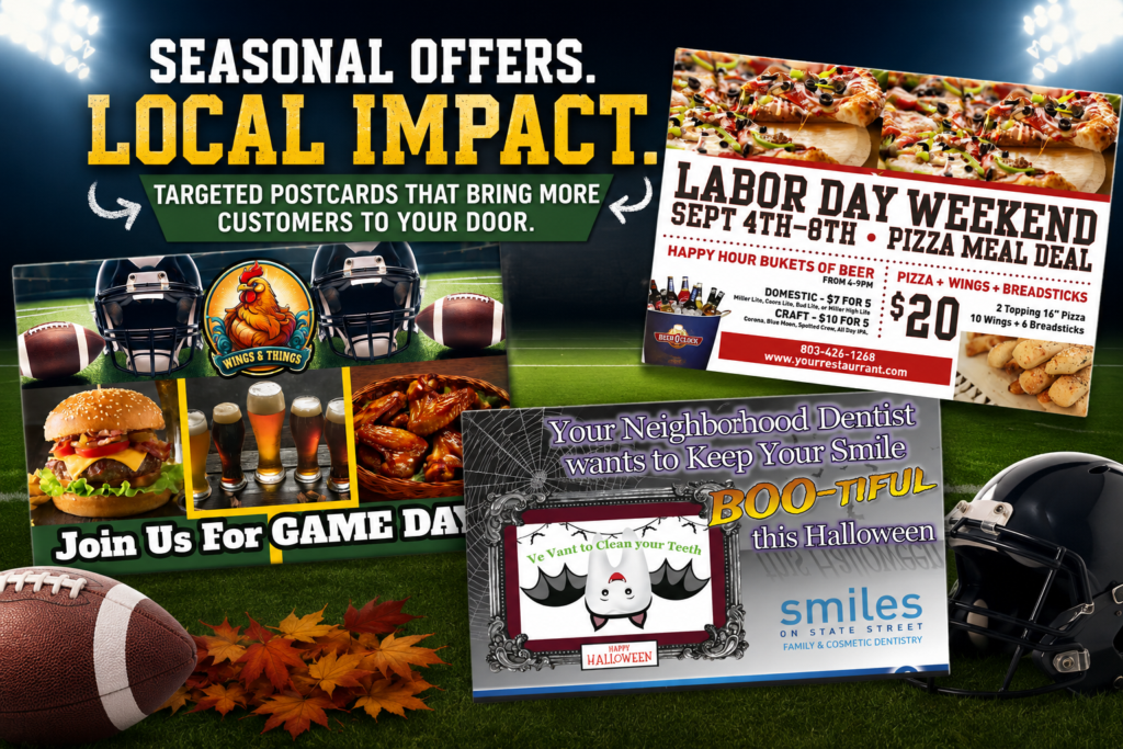 Fall marketing direct mail postcards featuring football season, Labor Day and Halloween promotions for local businesses.