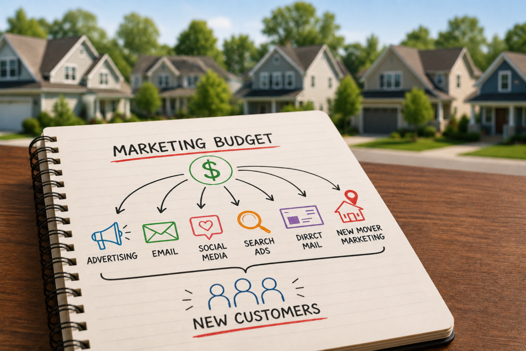 Small business marketing budget showing direct mail and new mover marketing strategies to attract new customers.