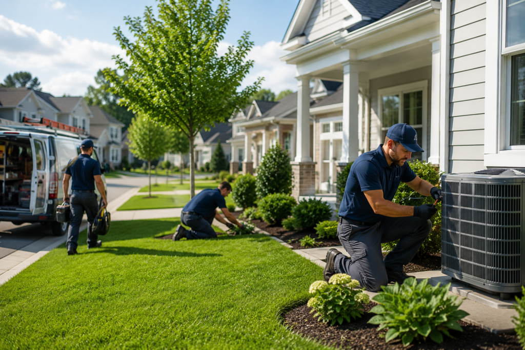 Home service professionals providing HVAC and landscaping services at a residential home.