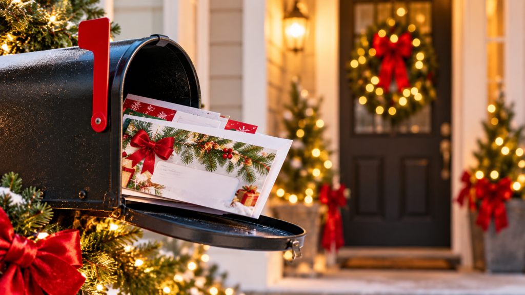 Holiday direct mail in a mailbox outside a festively decorated home.