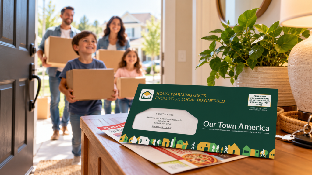 New mover family entering their home with an Our Town America welcome envelope featuring offers from local businesses.