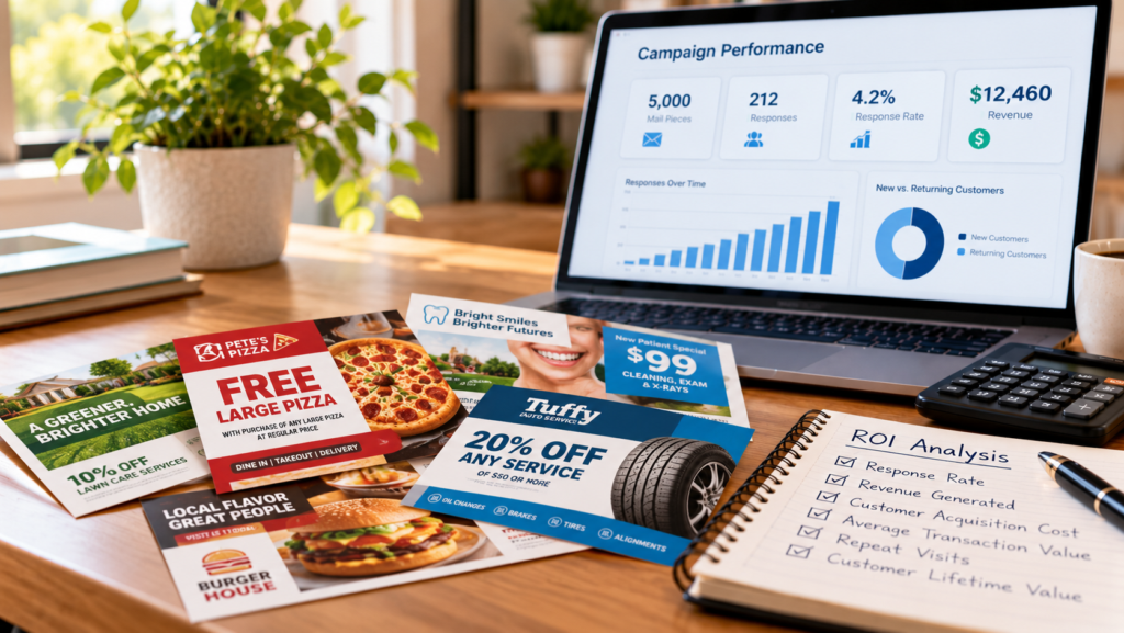 Promotional direct mail postcards on a desk alongside a laptop displaying campaign performance metrics, illustrating direct mail ROI tracking.
